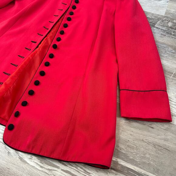 Vintage Eliane Red Button Front Coat Jacket Black Piping Bold Statement 90s - Picture 3 of 7
